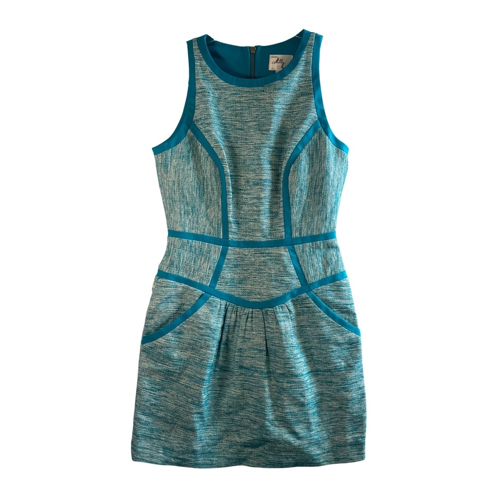 Milly NY Barcelona‎ Melange Tweed Jamie Day Dress Sheath Sculpted Teal 4 Panel